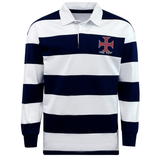 The EMB Mudoo SF CDME Rugby Classic Long Sleeve Hooped Rugby Jersey features bold navy and white horizontal stripes, a crisp white collar, and a red cross emblem with "COME RUGBY" text on the chest, offering a timeless retro rugby shirt style.