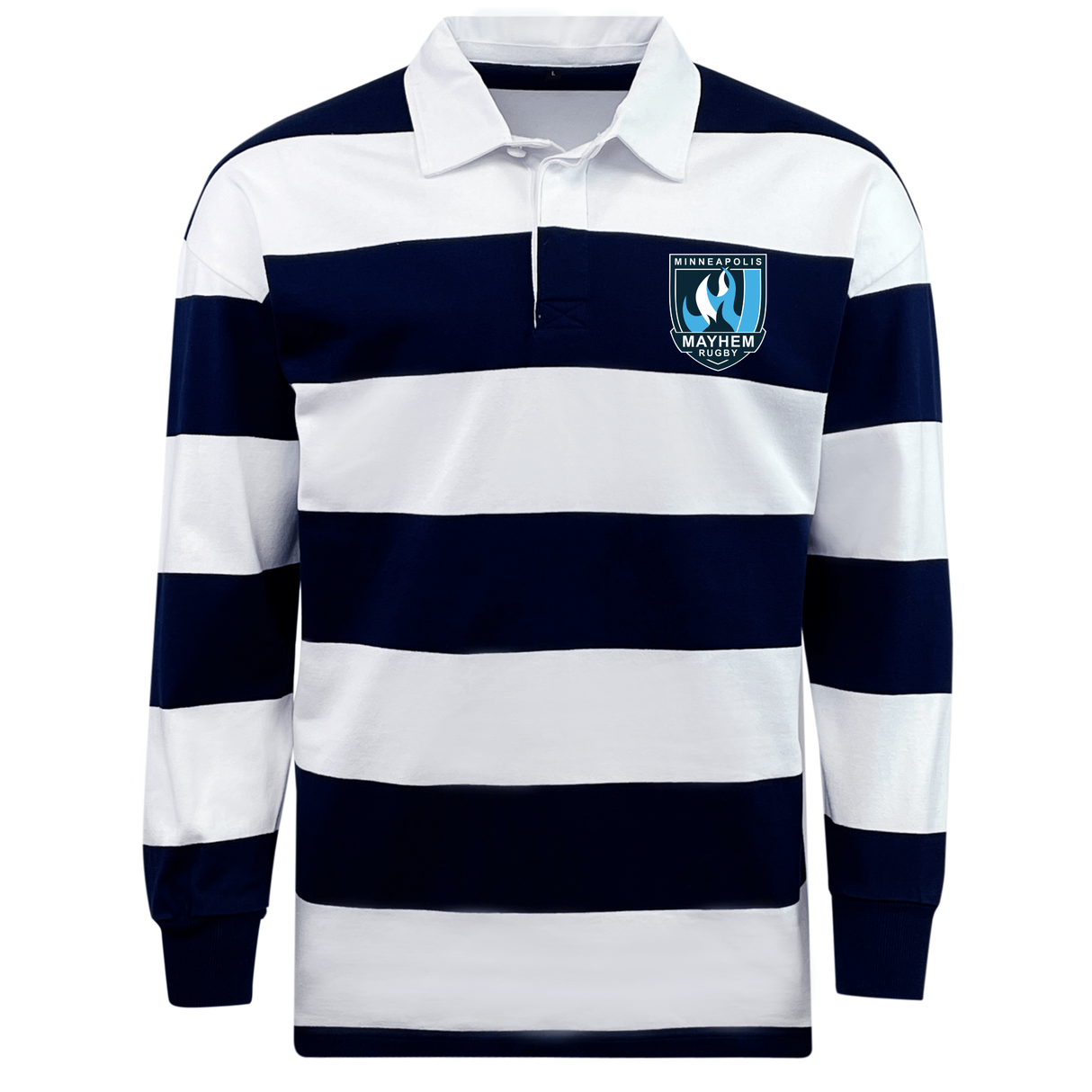 Introducing the EMB Mudoo Minneapolis Mayhem Rugby Classic Long Sleeve Hooped Rugby Jersey, designed with timeless navy and white horizontal stripes and finished with the iconic Minneapolis Mayhem logo on the left chest for a vintage rugby shirt style.