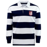The EMB Mudoo Montgomery Bucks Griffins Classic Long Sleeve Hooped Rugby Jersey features bold navy and white stripes, finished with a striking red lion crest on the left chest for a timeless vintage style.