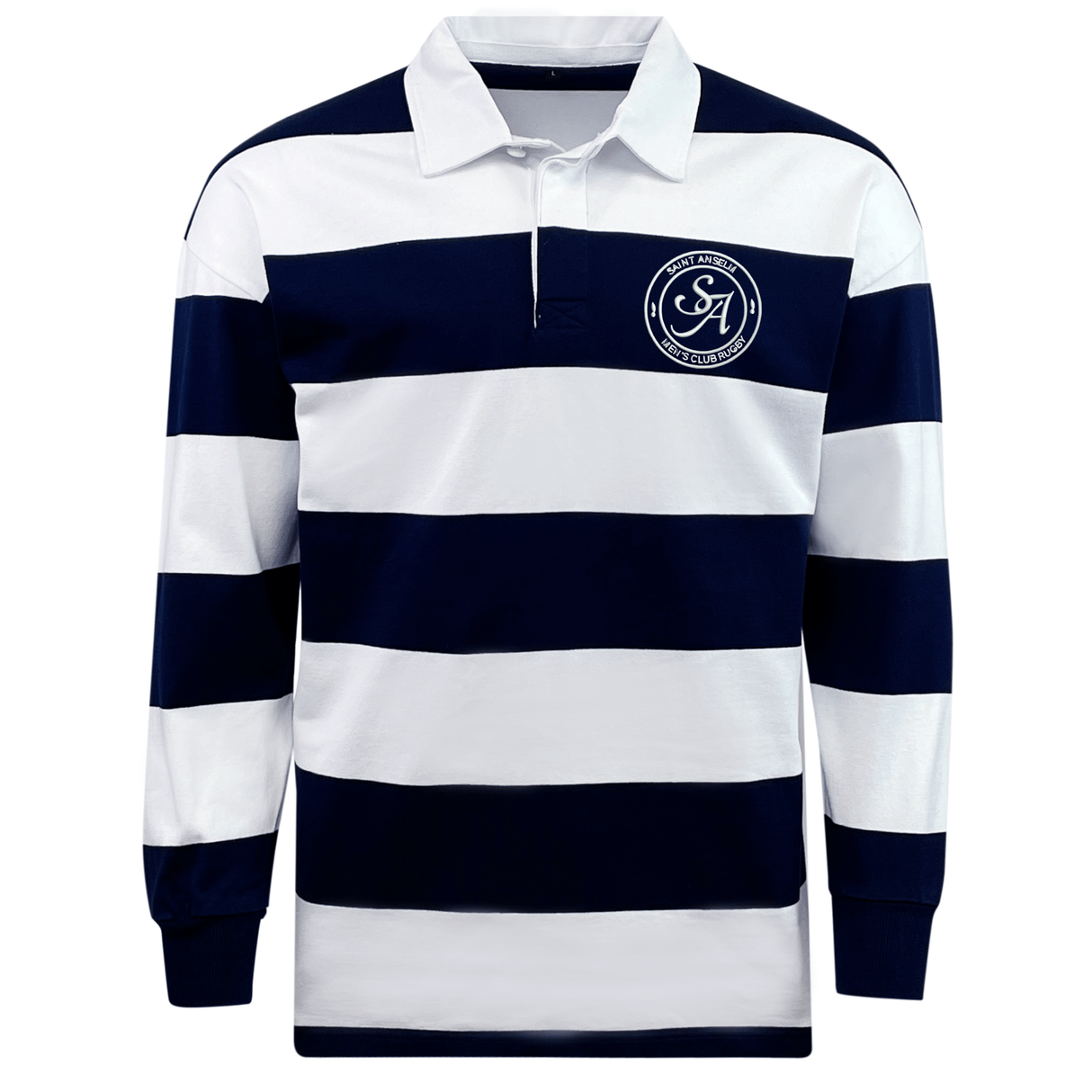 The EMB Mudoo Saint Anselm College Club Rugby Classic Long Sleeve Hooped Rugby Jersey features wide navy blue and white stripes, long sleeves, and a circular "A" crest on the left chest.