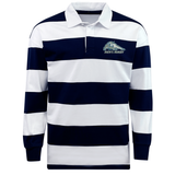University of New Hampshire Classic Long Sleeve Hooped Rugby Jersey in navy and white horizontal stripes, featuring a white collar and a “Men’s Rugby” logo on the left chest.