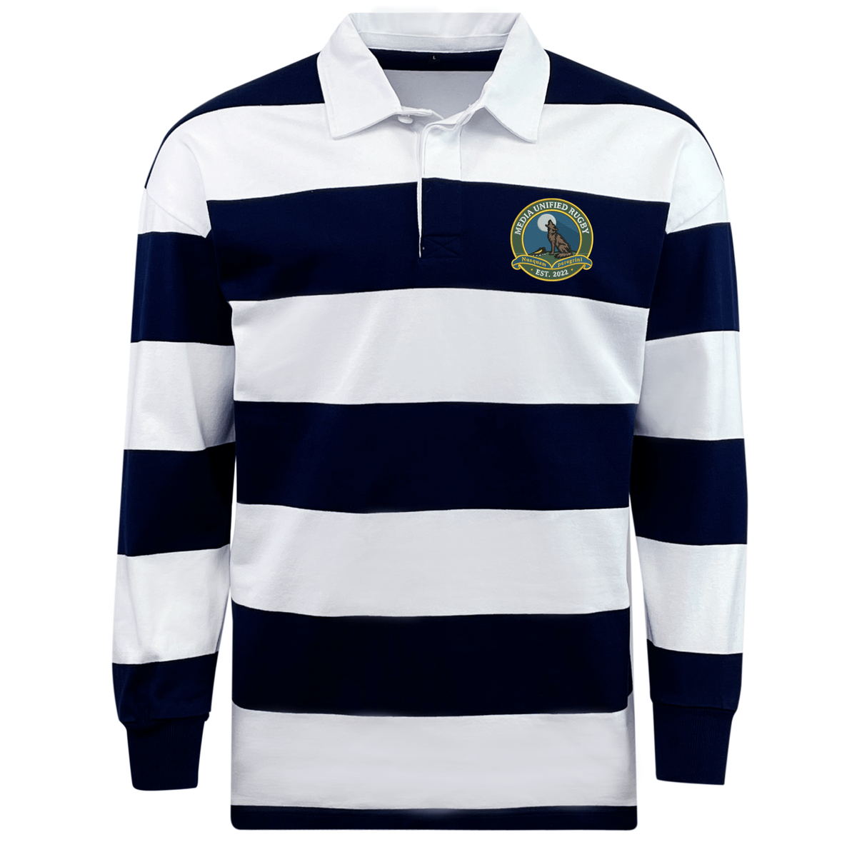 EMB Mudoo Media Unified Rugby Classic Long Sleeve Hooped Rugby Jersey featuring navy blue and white horizontal stripes, a white collar, and a circular chest crest.