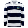 EMB Mudoo Media Unified Rugby Classic Long Sleeve Hooped Rugby Jersey featuring navy blue and white horizontal stripes, a white collar, and a circular chest crest.