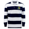 EMB Mudoo Takoma Touch Rugby Classic Long Sleeve Hooped Rugby Jersey featuring navy blue and white horizontal stripes, a white collar, and a Takoma TRFC chest logo.