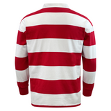 The EMB Mudoo Nations of Rugby Tonga Vintage Hooped Classic Jersey is a long-sleeve rugby top with bold red and white stripes, perfect for leisurewear.