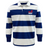 The EMB Mudoo USA Rugby Throwback 50th Anniversary Hooped Classic Jersey features blue and white stripes, long sleeves, a collar, and the "USA RUGBY" logo in red and white on the left chest.