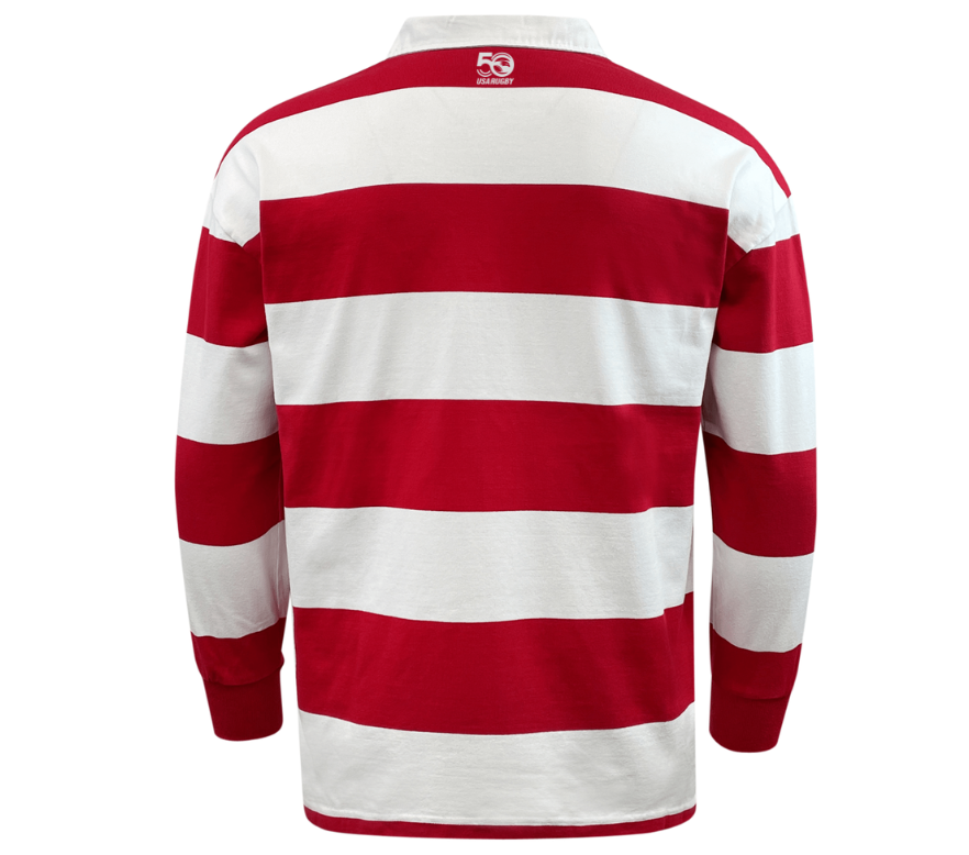 The USA Rugby Heritage 50th Anniversary Hooped Classic Jersey by EMB Mudoo features red and white horizontal stripes and long sleeves, exuding classic rugby jersey appeal with a "50" design on the back collar.