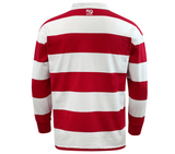 The USA Rugby Heritage 50th Anniversary Hooped Classic Jersey by EMB Mudoo features red and white horizontal stripes and long sleeves, exuding classic rugby jersey appeal with a "50" design on the back collar.