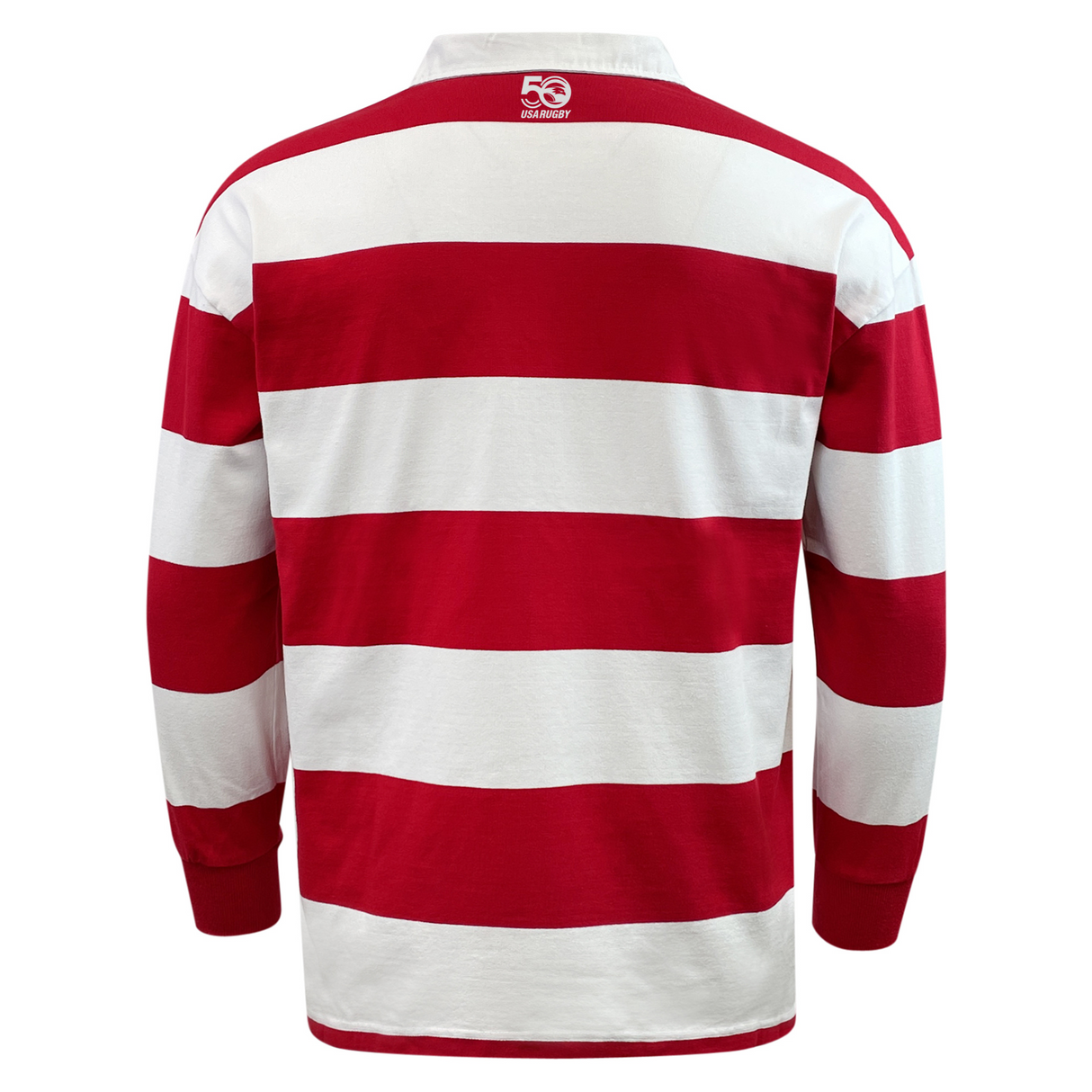 The EMB Mudoo USA Rugby Crest 50th Anniversary Hooped Classic Jersey features long sleeves, bold red and white stripes, and a “50” logo on the upper back to celebrate USA Rugby’s 50th Anniversary.