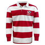 The EMB Mudoo USA Rugby Crest 50th Anniversary Hooped Classic Jersey features bold red and white stripes and a left-chest USA Rugby logo—ideal for celebrating this milestone in classic style.
