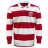 The EMB Mudoo USA Rugby Crest 50th Anniversary Hooped Classic Jersey features bold red and white stripes and a left-chest USA Rugby logo—ideal for celebrating this milestone in classic style.