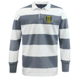 A versatile leisurewear piece from EMB Mudoo, the Gotham Knights Classic Long Sleeve Hooped Rugby Jersey features broad horizontal stripes in light gray and white. Crafted from a comfortable cotton/poly blend, it is adorned with a yellow crest bearing a black emblem on the left chest.