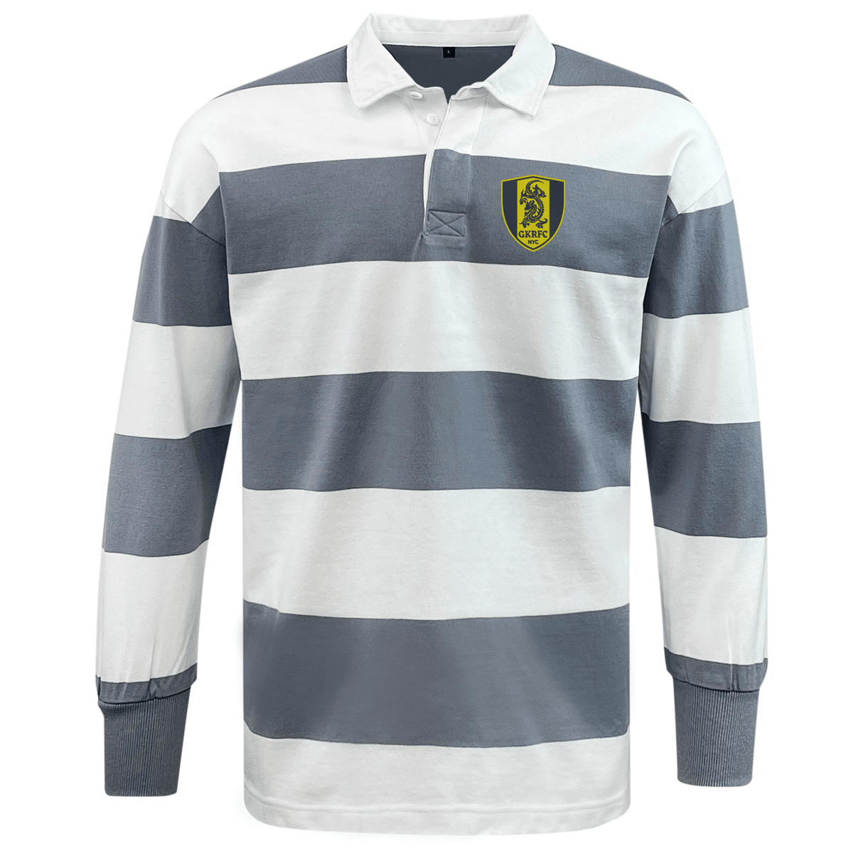 A versatile leisurewear piece from EMB Mudoo, the Gotham Knights Classic Long Sleeve Hooped Rugby Jersey features broad horizontal stripes in light gray and white. Crafted from a comfortable cotton/poly blend, it is adorned with a yellow crest bearing a black emblem on the left chest.