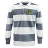 A versatile leisurewear piece from EMB Mudoo, the Gotham Knights Classic Long Sleeve Hooped Rugby Jersey features broad horizontal stripes in light gray and white. Crafted from a comfortable cotton/poly blend, it is adorned with a yellow crest bearing a black emblem on the left chest.