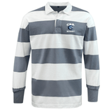 The EMB Mudoo Christian Brothers Academy Rugby Classic Long Sleeve Hooped Jersey features wide grey and white stripes, a collar, and a "CRA Rugby" logo on the front, offering a vintage look.