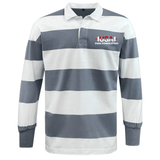 The EMB Mudoo USA Para Powerlifting Classic Long Sleeve Hooped Rugby Jersey features wide gray and white stripes and a "USA PARAPOWERLIFTING" logo on the upper left chest.