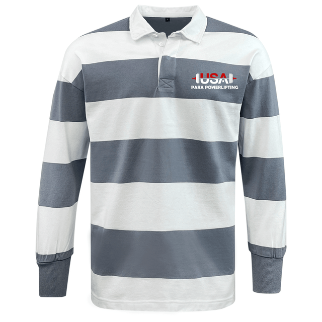 The EMB Mudoo USA Para Powerlifting Classic Long Sleeve Hooped Rugby Jersey features wide gray and white stripes and a "USA PARAPOWERLIFTING" logo on the upper left chest.