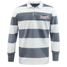 The EMB Mudoo USA Para Powerlifting Classic Long Sleeve Hooped Rugby Jersey features wide gray and white stripes and a "USA PARAPOWERLIFTING" logo on the upper left chest.
