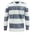 The EMB Mudoo Milwaukee Barbarians Rugby Classic Long Sleeve Hooped Rugby Jersey features bold white and gray stripes, a traditional collar, and a left chest crest—ideal for vintage rugby fans.