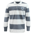The EMB Mudoo Milwaukee Barbarians Rugby Classic Long Sleeve Hooped Rugby Jersey features bold white and gray stripes, a traditional collar, and a left chest crest—ideal for vintage rugby fans.