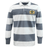 The EMB Mudoo Old Man Rivah Rugby Classic Long Sleeve Hooped Rugby Jersey features wide grey and white hoops, a crisp white collar, and an embroidered lion crest on the chest—ideal leisurewear for any occasion.