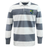 The EMB Mudoo Kingwood Rugby Classic Long Sleeve Hooped Rugby Jersey features bold white and gray stripes, a smart white collar, and a crest emblem on the left chest for timeless athletic style.