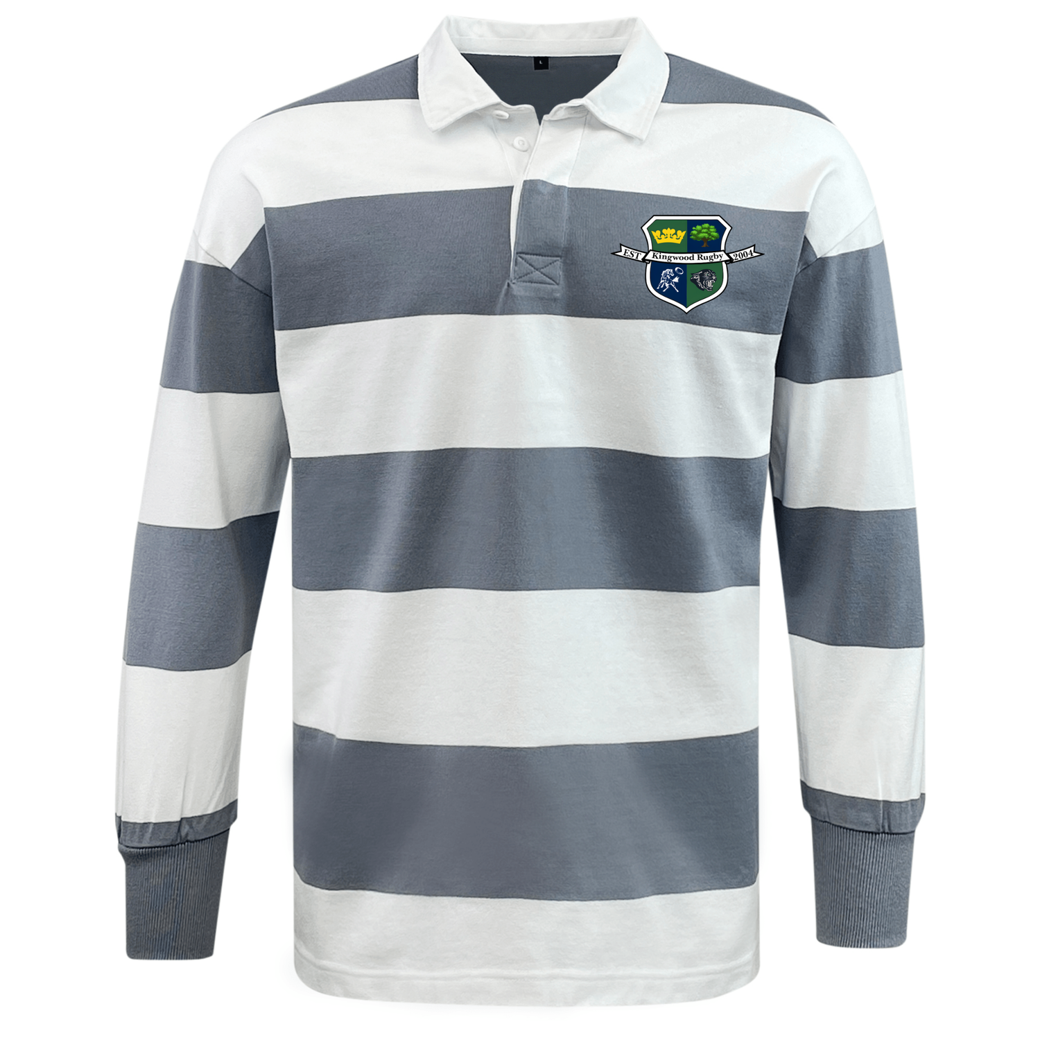 The EMB Mudoo Kingwood Rugby Classic Long Sleeve Hooped Rugby Jersey features bold white and gray stripes, a smart white collar, and a crest emblem on the left chest for timeless athletic style.