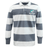 The EMB Mudoo NC Rugby Academy - Megalodons Classic Long Sleeve Hooped Rugby Jersey features bold gray and white stripes, a crisp white collar, and the Megalodons Rugby Academy logo for timeless vintage style.