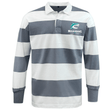 The EMB Mudoo NC Rugby Academy - Megalodons Classic Long Sleeve Hooped Rugby Jersey features bold gray and white stripes, a crisp white collar, and the Megalodons Rugby Academy logo for timeless vintage style.