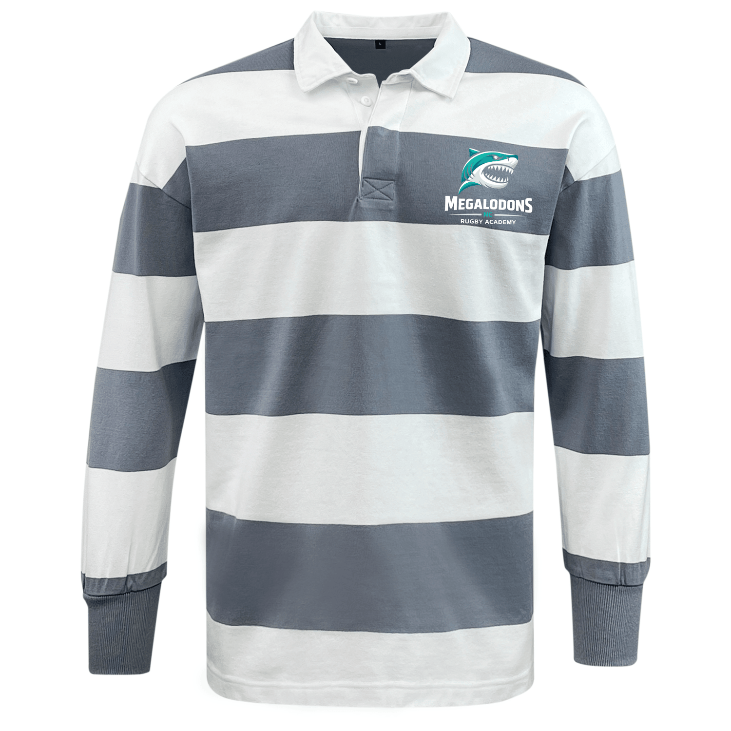 The EMB Mudoo NC Rugby Academy - Megalodons Classic Long Sleeve Hooped Rugby Jersey features bold gray and white stripes, a crisp white collar, and the Megalodons Rugby Academy logo for timeless vintage style.