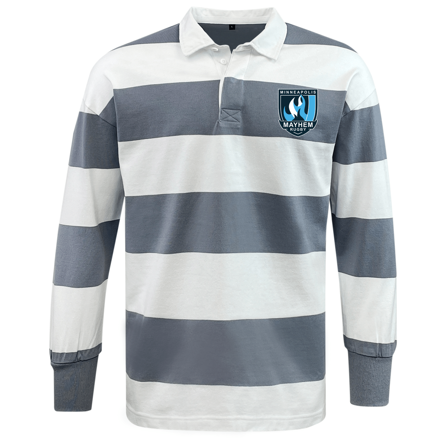 The EMB Mudoo Minneapolis Mayhem Rugby Classic Long Sleeve Hooped Rugby Jersey features wide horizontal gray and white stripes with a “Minneapolis Mayhem” logo patch on the left chest, delivering timeless style and vintage rugby shirt appeal.