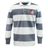 The EMB Mudoo Montgomery Bucks Griffins Classic Long Sleeve Hooped Rugby Jersey features wide gray and white stripes, plus a bold red patch with a white tiger on the left chest for a vintage rugby-inspired style.