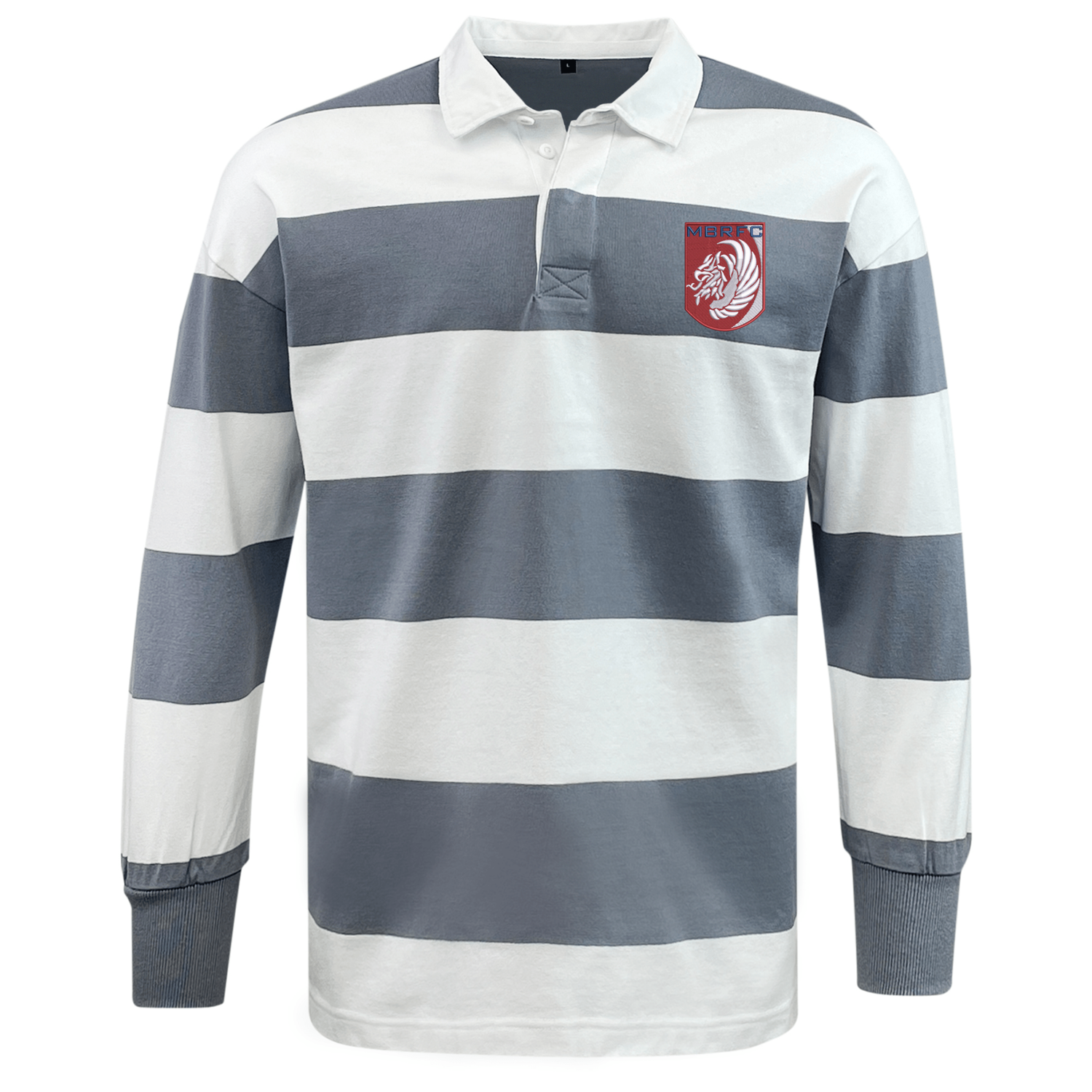 The EMB Mudoo Montgomery Bucks Griffins Classic Long Sleeve Hooped Rugby Jersey features wide gray and white stripes, plus a bold red patch with a white tiger on the left chest for a vintage rugby-inspired style.