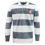 The EMB Mudoo Montgomery Bucks Griffins Classic Long Sleeve Hooped Rugby Jersey features wide gray and white stripes, plus a bold red patch with a white tiger on the left chest for a vintage rugby-inspired style.