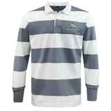 EMB Mudoo University of New Hampshire Classic Long Sleeve Hooped Rugby Jersey featuring grey and white horizontal stripes, a white collar, and a wildcat mascot logo with “MEN’S RUGBY” on the chest.