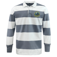 EMB Mudoo Media Unified Rugby Classic Long Sleeve Hooped Rugby Jersey featuring horizontal grey and white stripes, a white collar, and a circular crest on the chest.