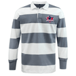 The EMB Mudoo Nebraska Rugby Referee Society Classic Long Sleeve Hooped Rugby Jersey features wide gray and white stripes and a Nebraska logo on the left chest, inspired by timeless rugby style.