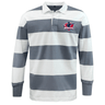 The EMB Mudoo Nebraska Rugby Referee Society Classic Long Sleeve Hooped Rugby Jersey features wide gray and white stripes and a Nebraska logo on the left chest, inspired by timeless rugby style.