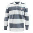 The EMB Mudoo Superior Rugby Club Classic Long Sleeve Hooped Rugby Jersey features wide white and gray stripes, a collar, a crest logo on the left chest, and timeless rugby style.