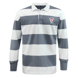 The EMB Mudoo Superior Rugby Club Classic Long Sleeve Hooped Rugby Jersey features wide white and gray stripes, a collar, a crest logo on the left chest, and timeless rugby style.