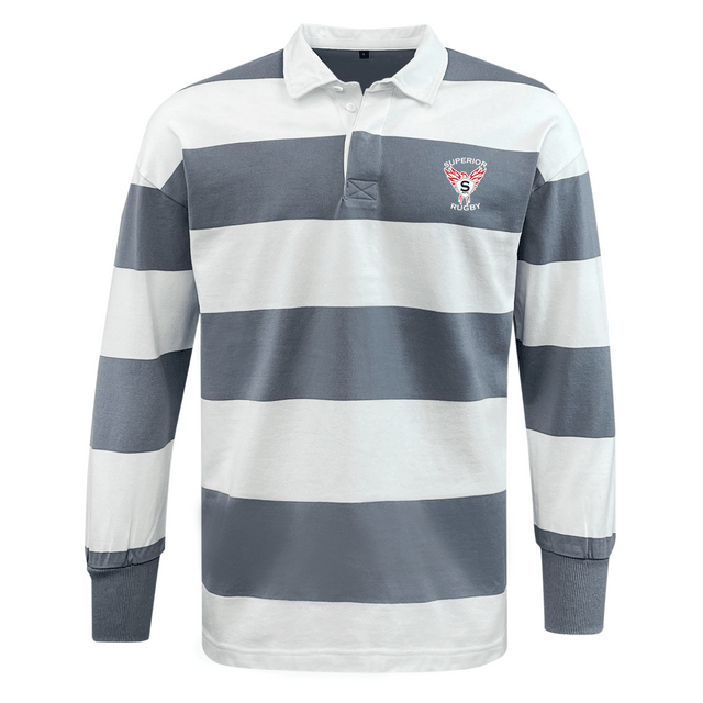 The EMB Mudoo Superior Rugby Club Classic Long Sleeve Hooped Rugby Jersey features wide white and gray stripes, a collar, a crest logo on the left chest, and timeless rugby style.