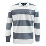 The EMB Mudoo Superior Rugby Club Classic Long Sleeve Hooped Rugby Jersey features wide white and gray stripes, a collar, a crest logo on the left chest, and timeless rugby style.
