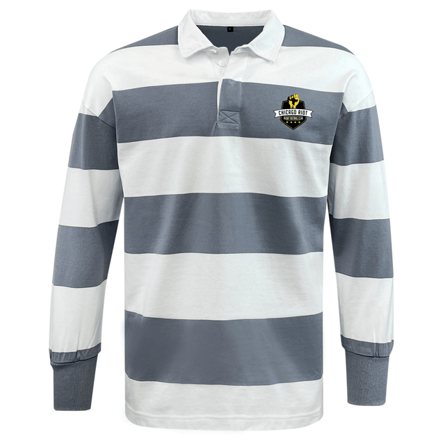 The EMB Mudoo Chicago Riot Classic Long Sleeve Hooped Rugby Jersey features wide white and gray stripes, a white collar, and a "Rugged Ruck" logo on the left chest.