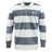 The EMB Mudoo South Orange County Raptors Classic Long Sleeve Hooped Rugby Jersey features bold grey and white horizontal stripes, a sharp white collar, and a left chest crest with two birds, delivering timeless throwback style.