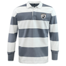 The EMB Mudoo South Orange County Raptors Classic Long Sleeve Hooped Rugby Jersey features bold grey and white horizontal stripes, a sharp white collar, and a left chest crest with two birds, delivering timeless throwback style.