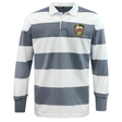 The EMB Mudoo RVA T.R.C. Classic Long Sleeve Hooped Rugby Jersey features bold gray and white horizontal stripes, a crisp white collar, and an embroidered RVA crest on the left chest. Crafted from a durable cotton-poly blend, this rugby shirt offers both comfort and timeless style.