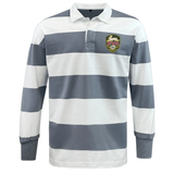 The EMB Mudoo RVA T.R.C. Classic Long Sleeve Hooped Rugby Jersey features bold gray and white horizontal stripes, a crisp white collar, and an embroidered RVA crest on the left chest. Crafted from a durable cotton-poly blend, this rugby shirt offers both comfort and timeless style.