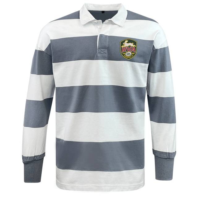 The EMB Mudoo RVA T.R.C. Classic Long Sleeve Hooped Rugby Jersey features bold gray and white horizontal stripes, a crisp white collar, and an embroidered RVA crest on the left chest. Crafted from a durable cotton-poly blend, this rugby shirt offers both comfort and timeless style.