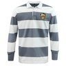 The EMB Mudoo RVA T.R.C. Classic Long Sleeve Hooped Rugby Jersey features bold gray and white horizontal stripes, a crisp white collar, and an embroidered RVA crest on the left chest. Crafted from a durable cotton-poly blend, this rugby shirt offers both comfort and timeless style.