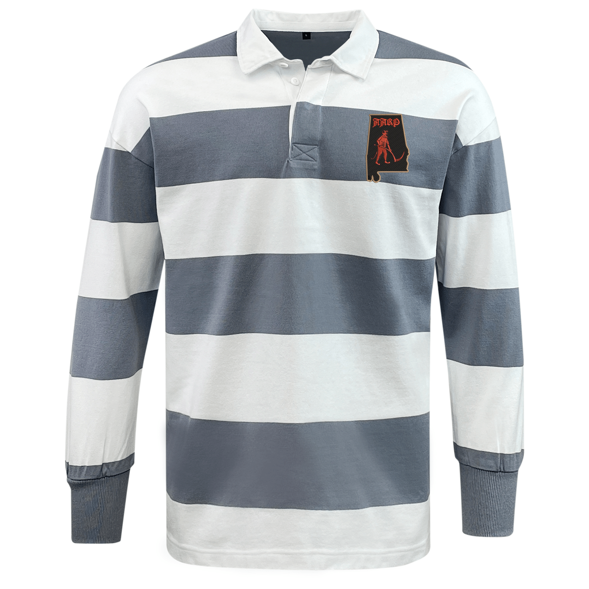 EMB Mudoo Aging Alabama Rugby Players Classic Long Sleeve Hooped Rugby Jersey featuring a chest patch with a silhouette of a person on an outline of Alabama.